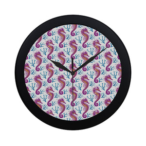 Purple seahorse blue coral pattern Elegant Black Wall Clock