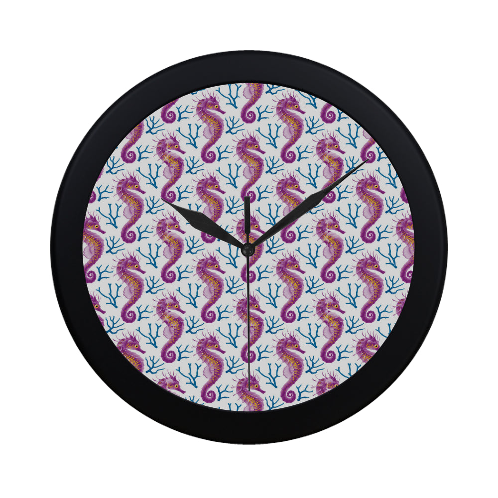 Purple seahorse blue coral pattern Elegant Black Wall Clock