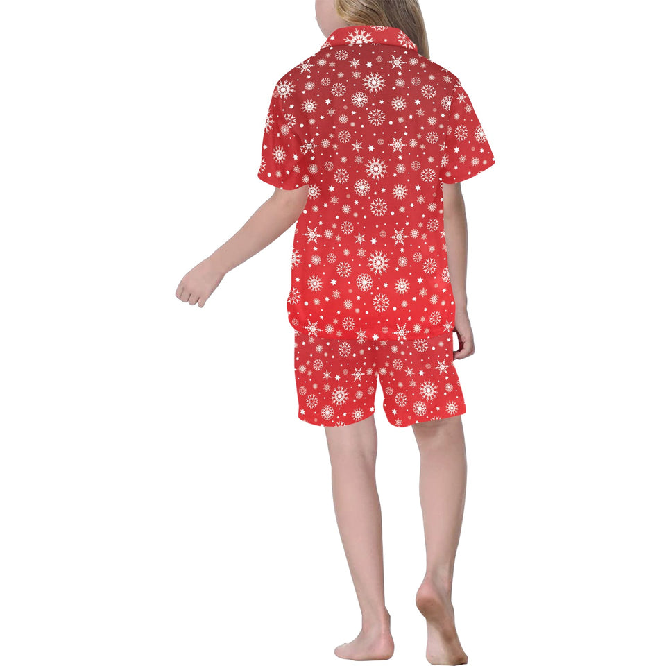 Snowflake pattern red background Kids' Boys' Girls' V-Neck Short Pajama Set