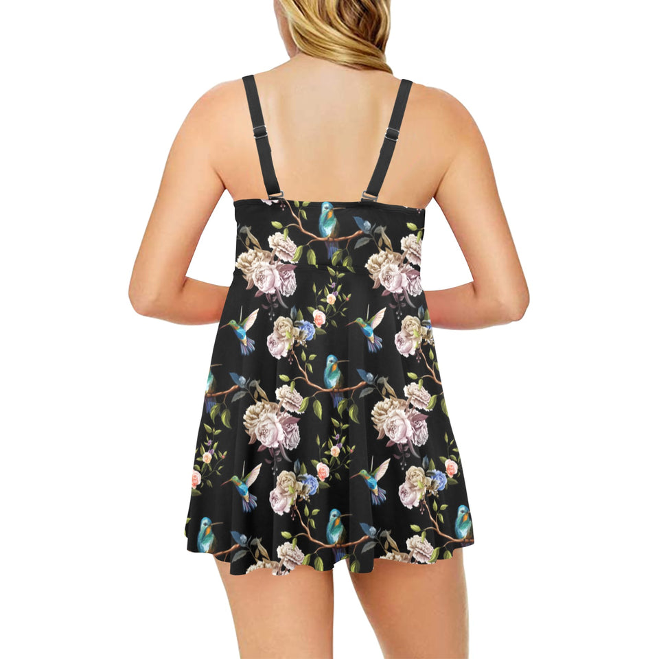 Hummingbird Pattern Print Design 03 Chest Sexy Pleated Two Piece Swim Dress