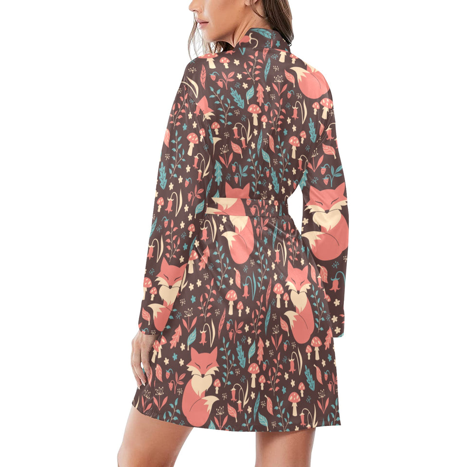 fox leaves mushroom pattern Women's Long Sleeve Belted Night Robe