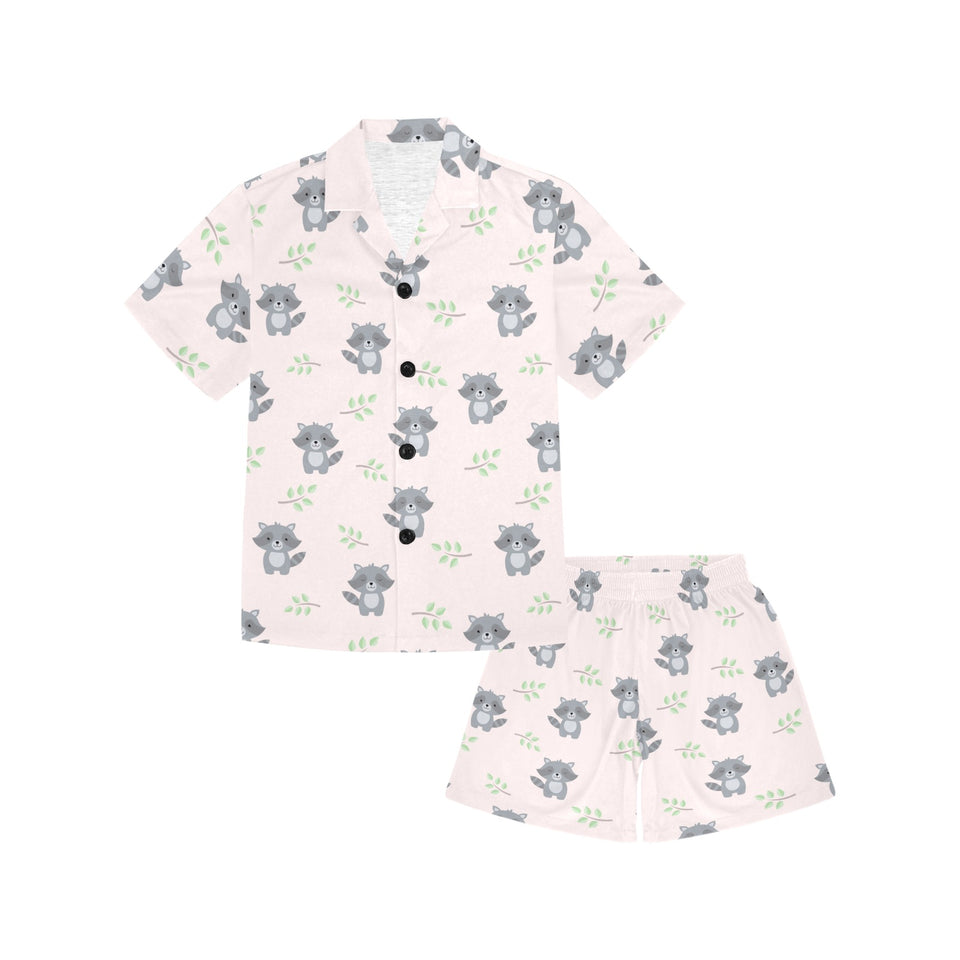 cute raccoons leaves pattern Kids' Boys' Girls' V-Neck Short Pajama Set