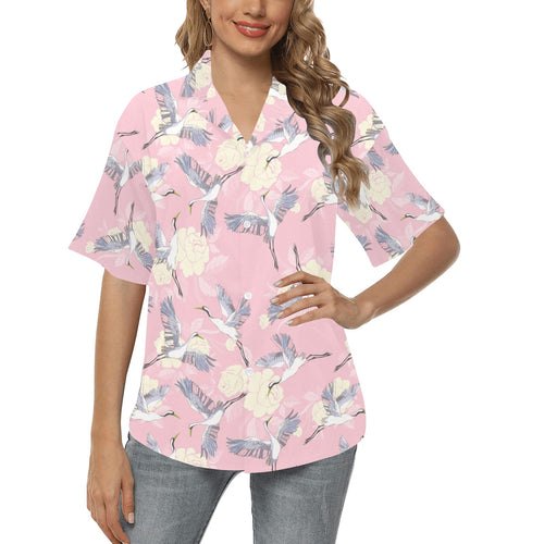 Japanese crane rose pattern Women's All Over Print Hawaiian Shirt