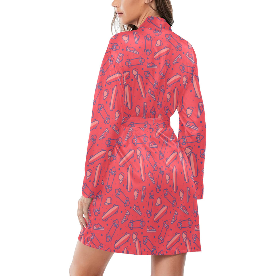 Skate Board Pattern Print Design 01 Women's Long Sleeve Belted Night Robe