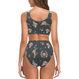 Cute koala pattern Chest Bowknot High Waisted Bikini Swimsuit