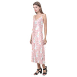 Cute white rabbit flower pink background V-Neck Open Fork Long Dress