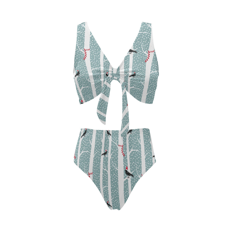 Crows christmas hat scarf Chest Bowknot High Waisted Bikini Swimsuit