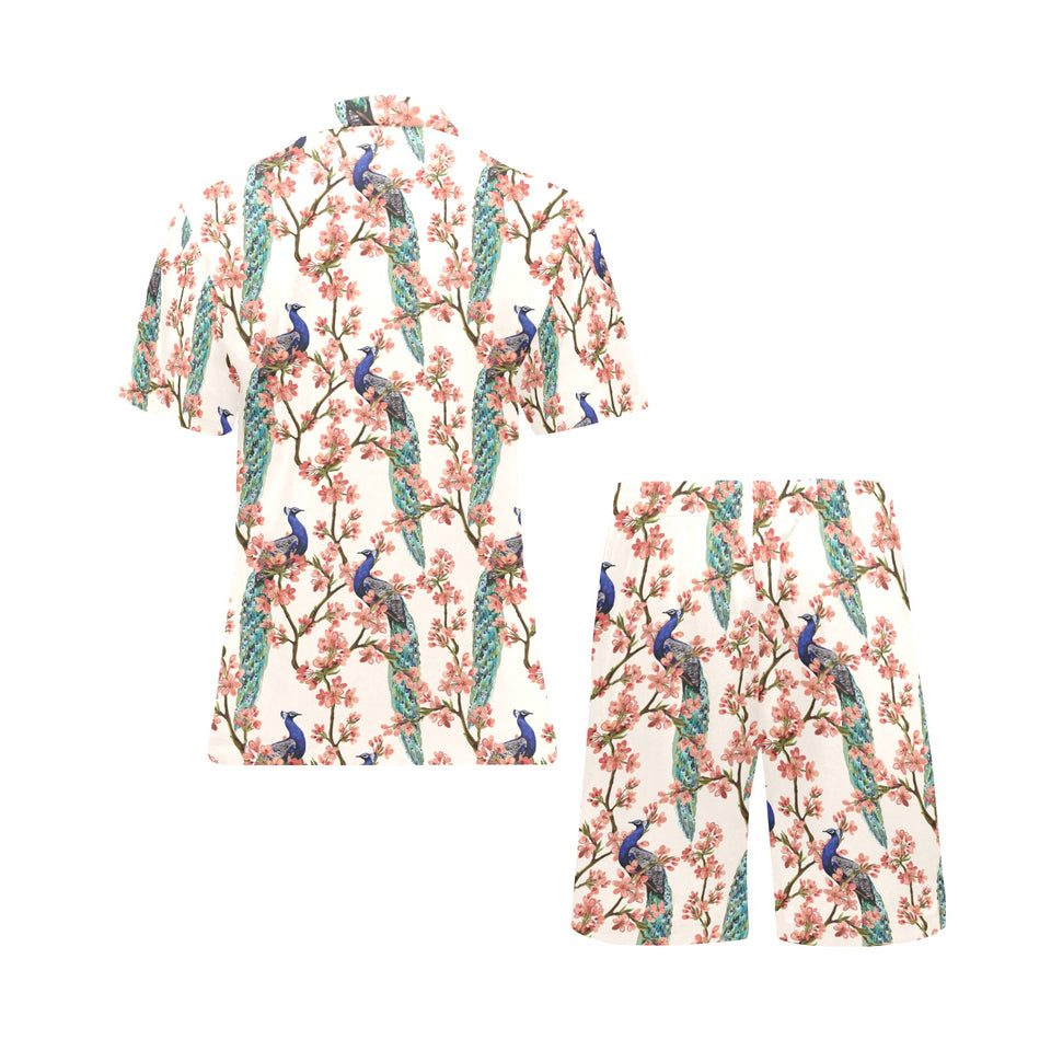 Peacock tropical flower pattern Men's V-Neck Short Pajama Set