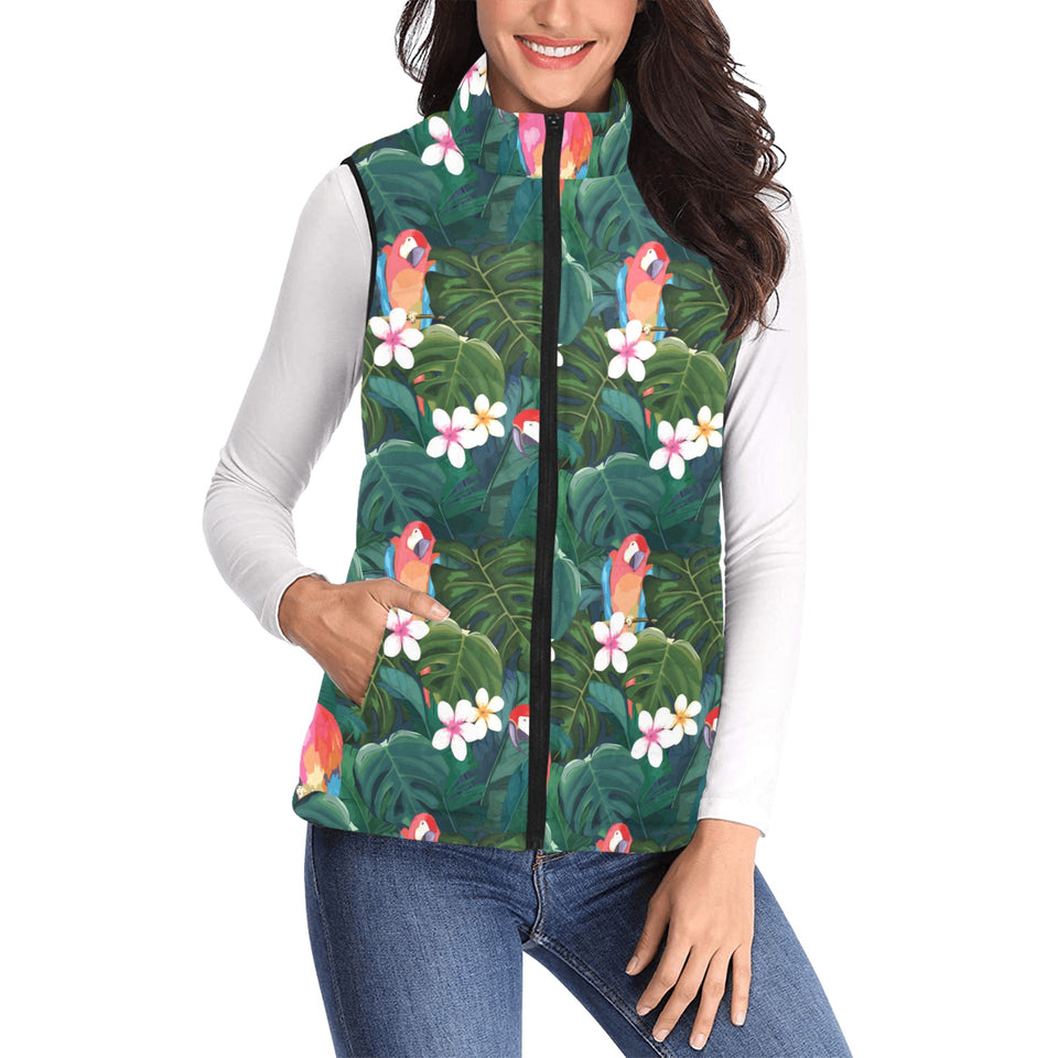 Parrot Palm tree leaves flower hibiscus pattern Women's Padded Vest