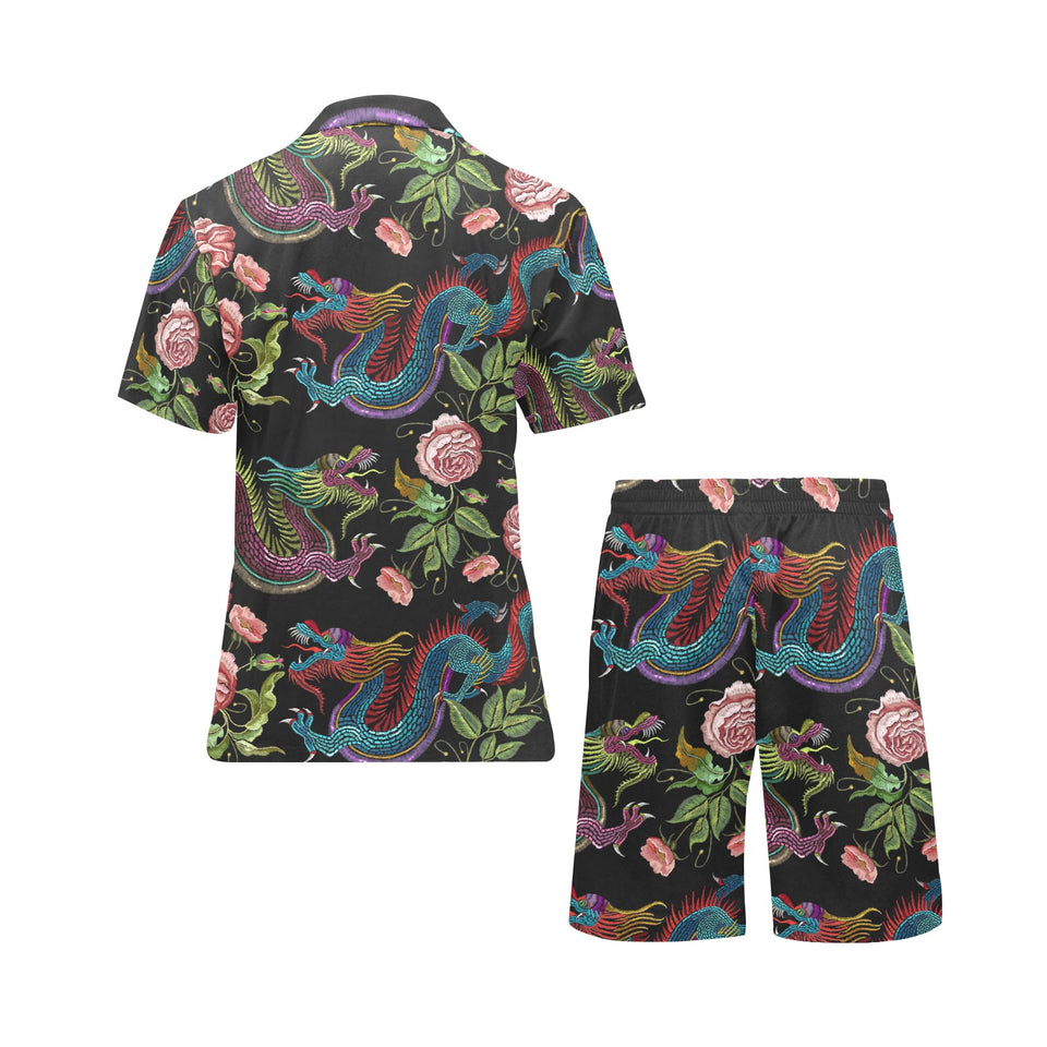 Dragons flower pattern Men's V-Neck Short Pajama Set