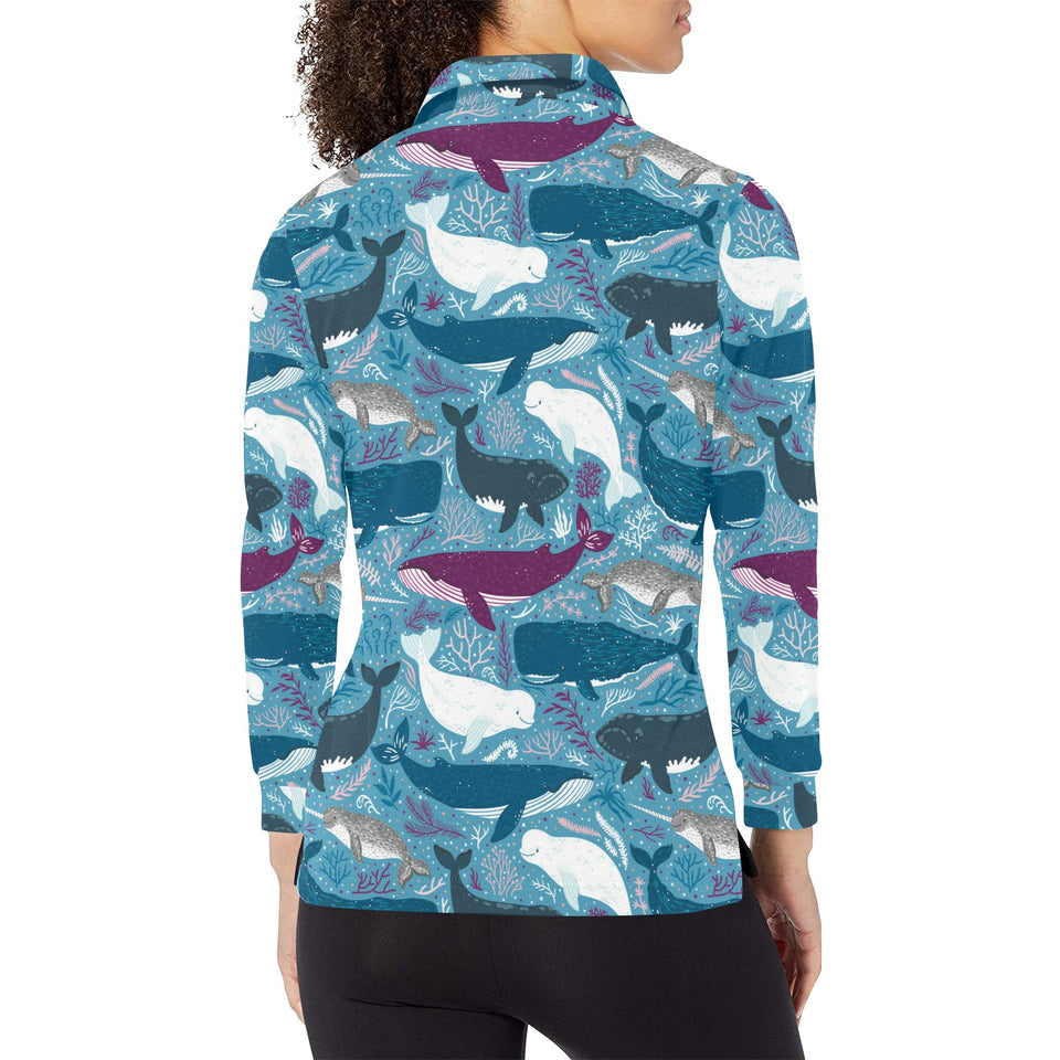 Whale design pattern Women's Long Sleeve Polo Shirt
