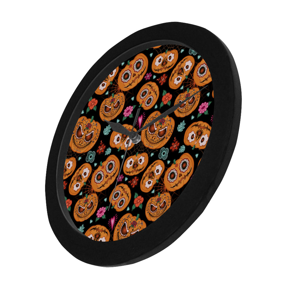 Pumpkin flowers spiderweb Halloween theme Elegant Black Wall Clock