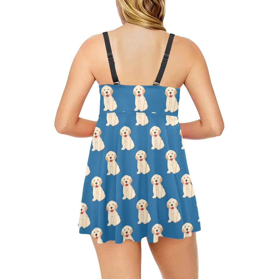 Golden Retriever Pattern Print Design 03 Chest Sexy Pleated Two Piece Swim Dress