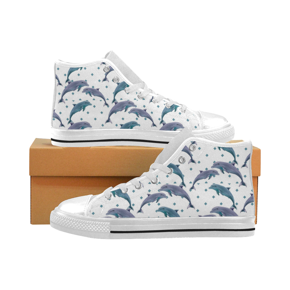 Dolphins pattern dotted background Men's High Top Canvas Shoes White