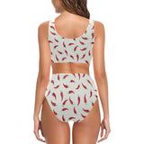 Chili peppers pattern Chest Bowknot High Waisted Bikini Swimsuit