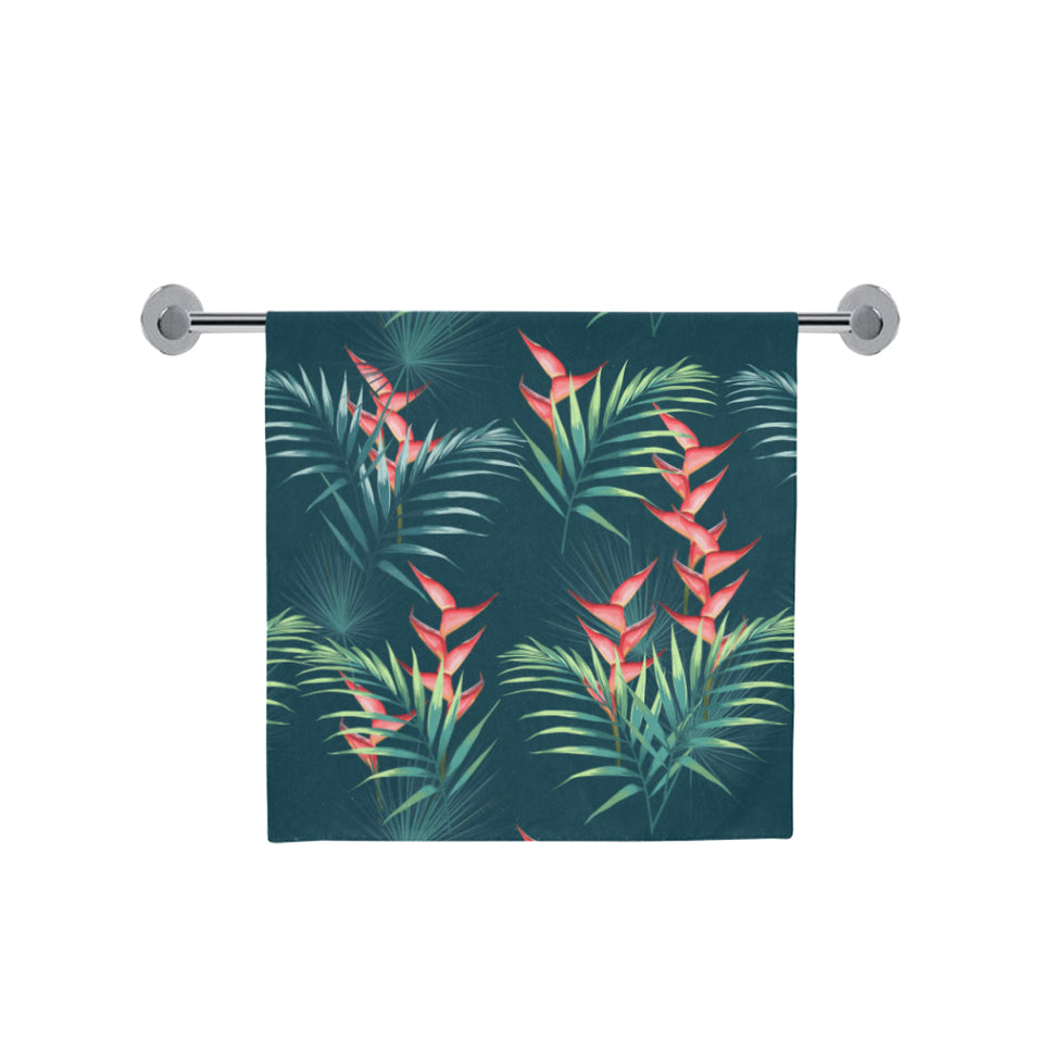 heliconia flowers, palm and monstera leaves on bla Bath Towel