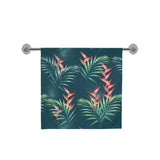 heliconia flowers, palm and monstera leaves on bla Bath Towel