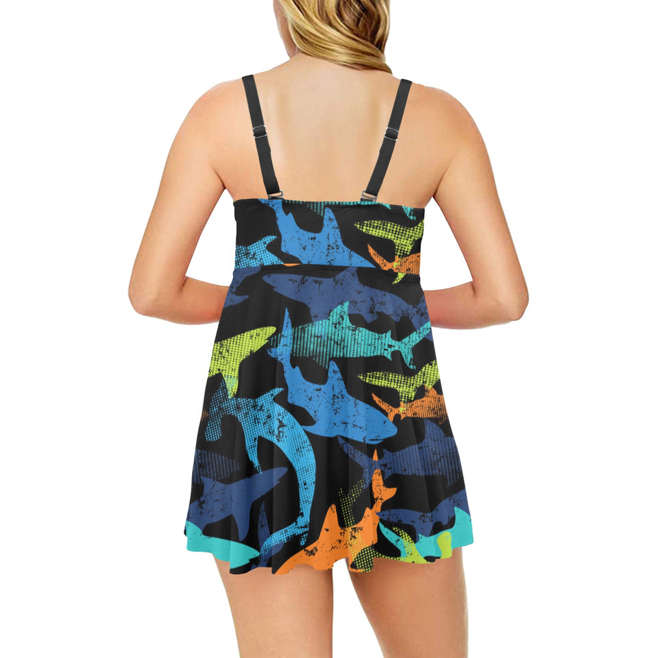 Colorful shark Chest Sexy Pleated Two Piece Swim Dress