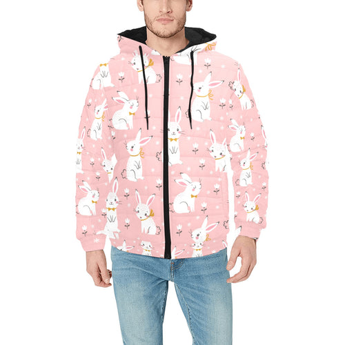 Cute white rabbit flower pink background Men's Padded Hooded Jacket