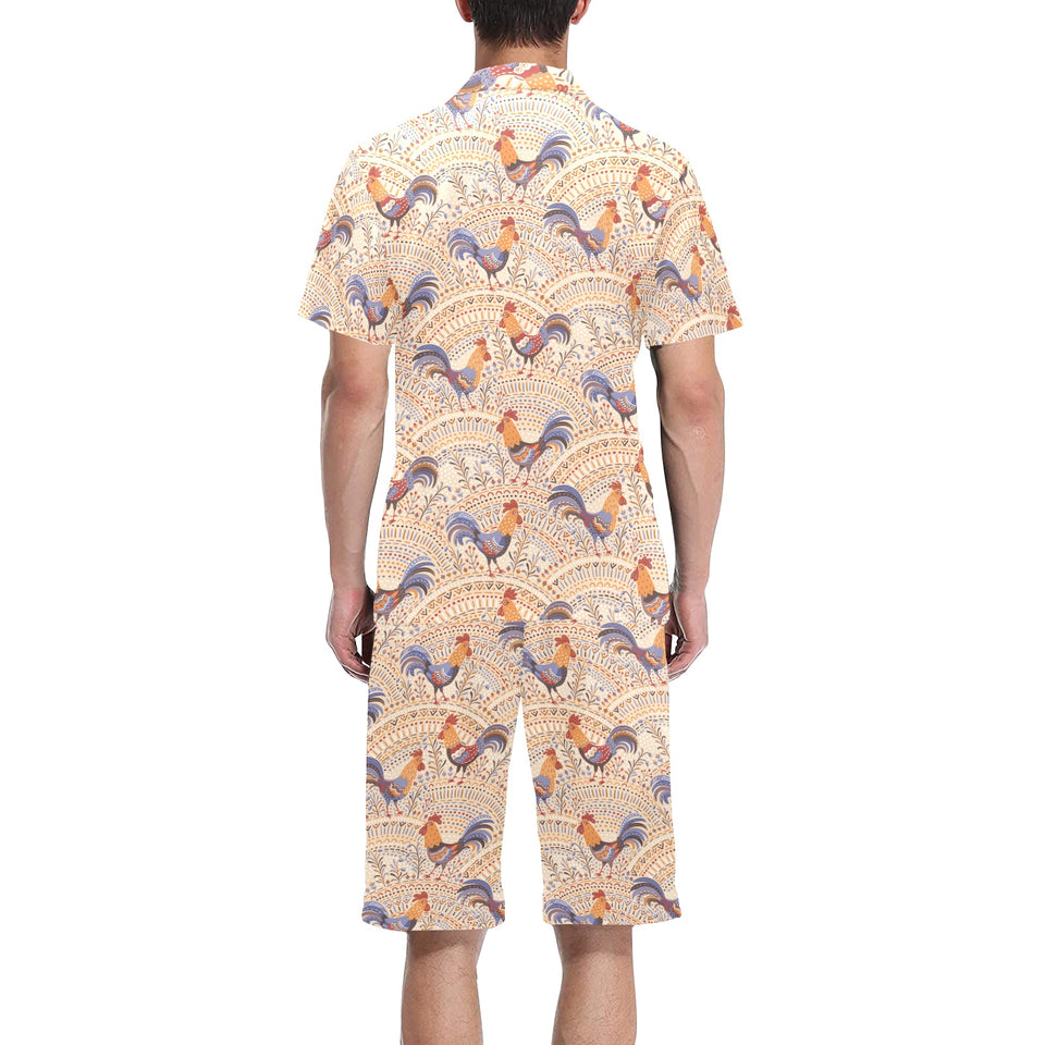 Cute rooster chicken cock floral ornament backgrou Men's V-Neck Short Pajama Set