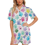 Dog Paws Pattern Print Design 01 Women's V-Neck Short Pajama Set