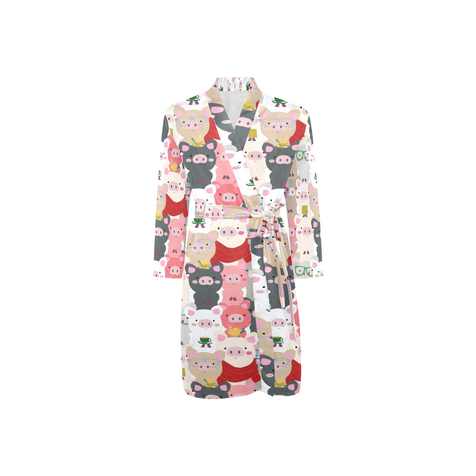Pig Pattern Print Design 02 Men's Long Sleeve Belted Night Robe