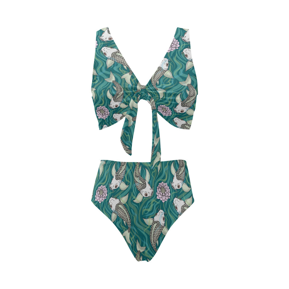 Koi Fish Carp Fish lotus pattern Chest Bowknot High Waisted Bikini Swimsuit