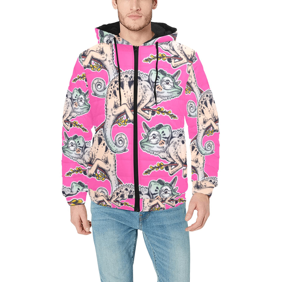 Chameleon lizard pattern pink background Men's Padded Hooded Jacket
