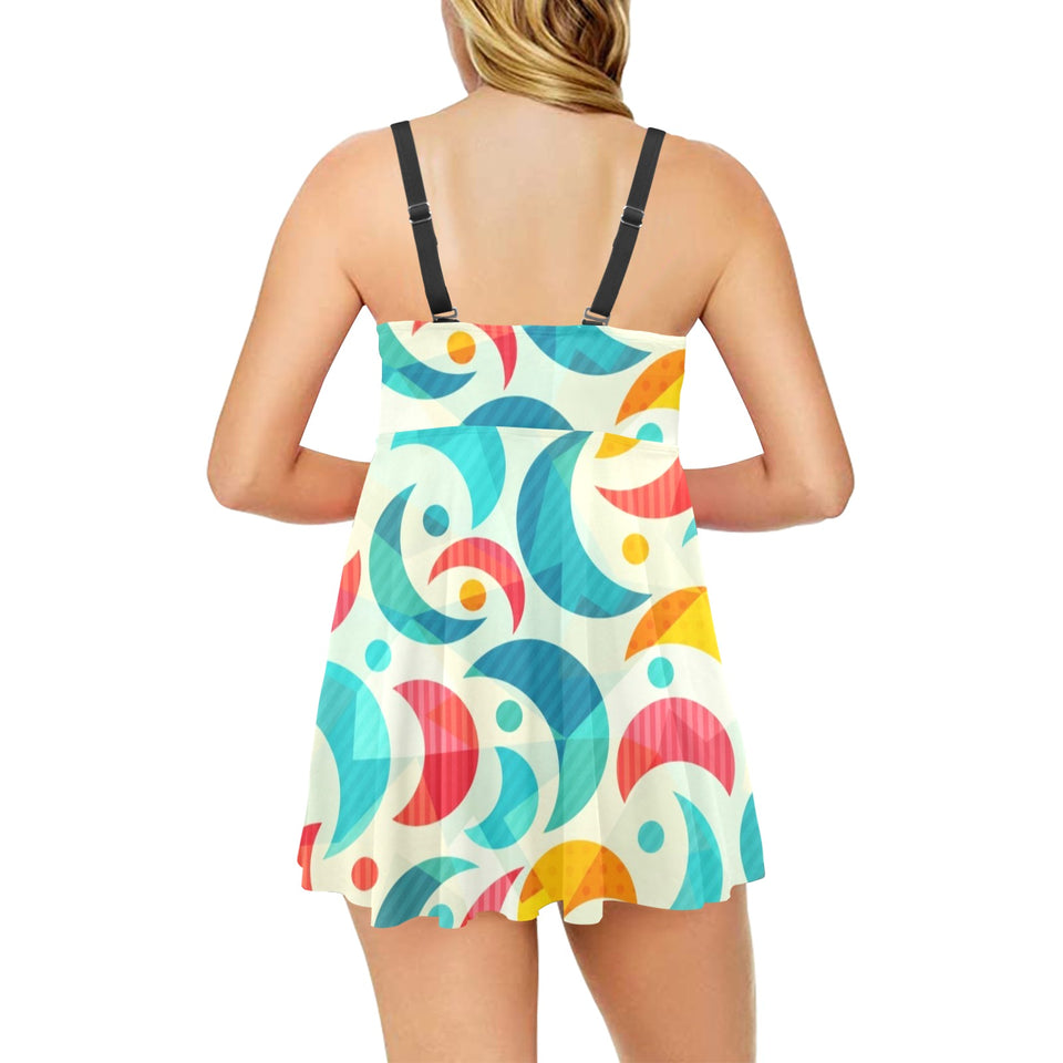 Colorful moon pattern Chest Sexy Pleated Two Piece Swim Dress