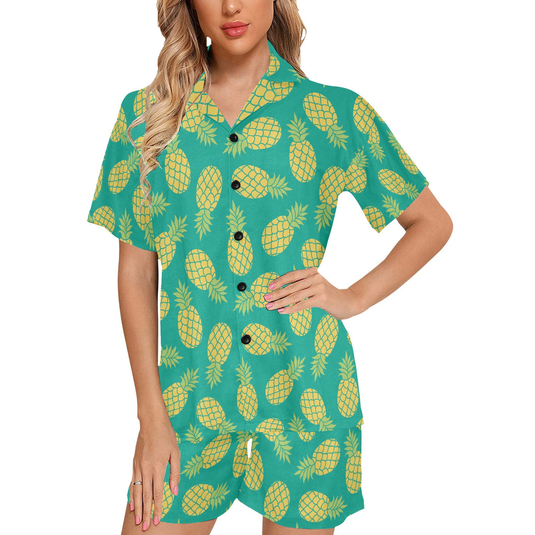 Pineapples pattern green background Women's V-Neck Short Pajama Set
