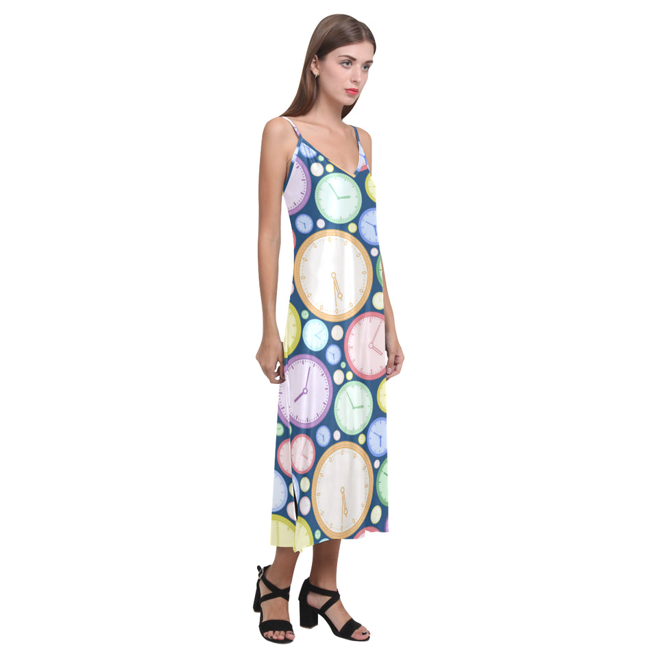Colorful clock background V-Neck Open Fork Long Dress