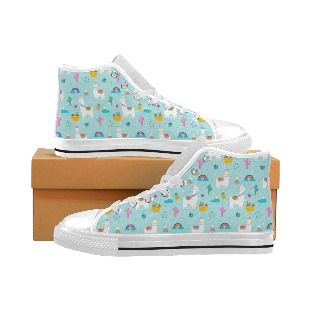 Llama alpaca cactus leaves pattern Men's High Top Canvas Shoes White