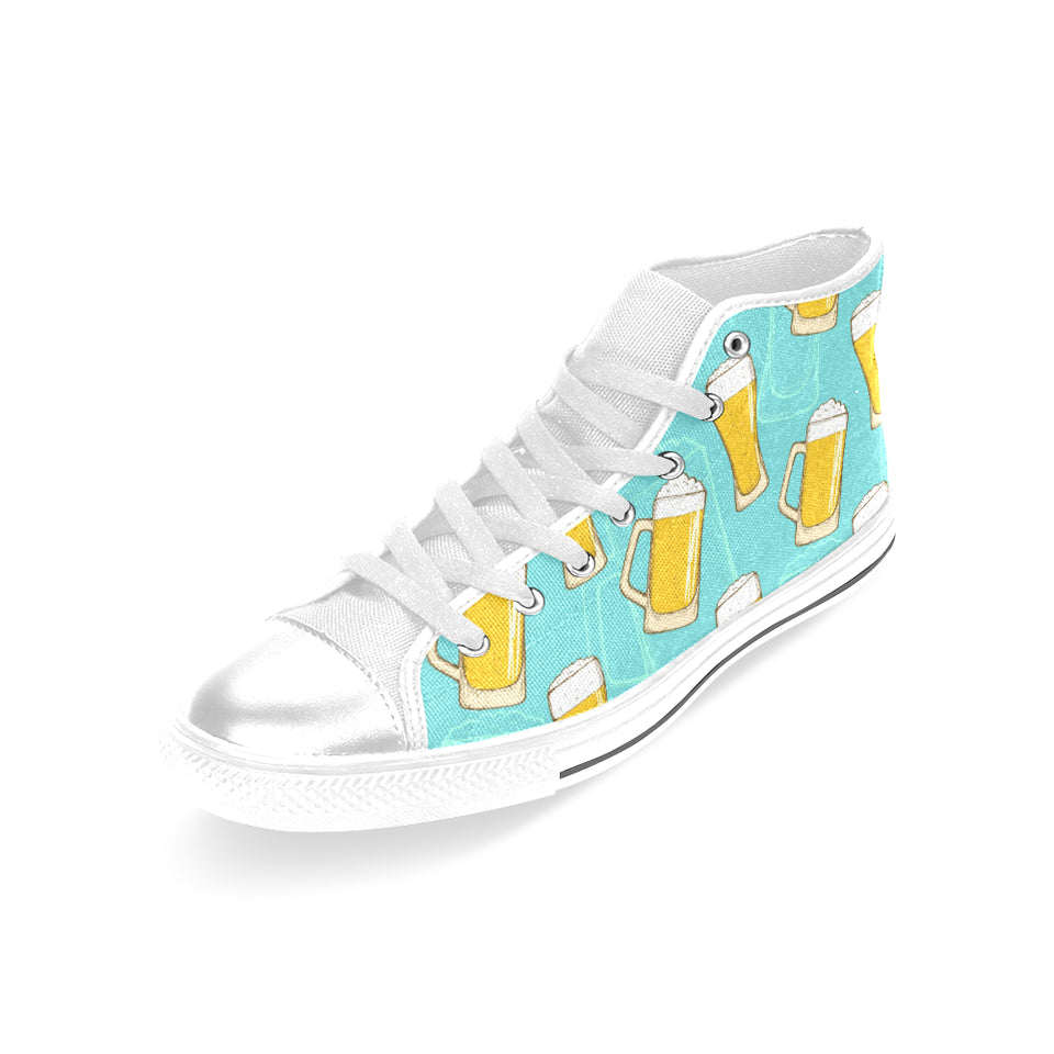 Beer pattern green background Women's High Top Canvas Shoes White