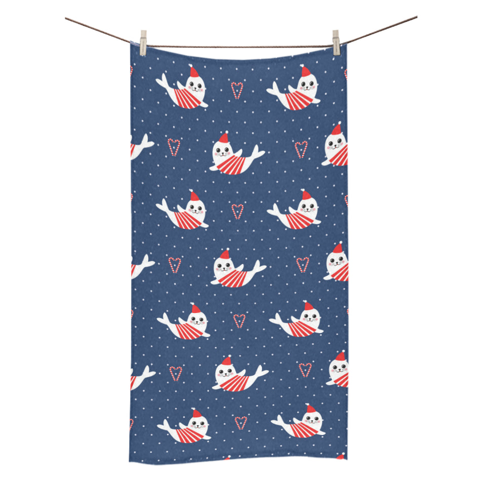 Cute sea lion seal christmas hat candy cane heart Bath Towel