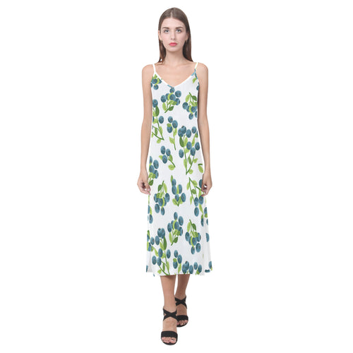 blueberry white background V-Neck Open Fork Long Dress