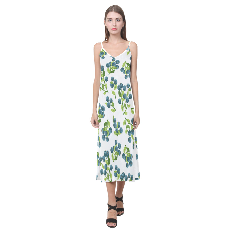 blueberry white background V-Neck Open Fork Long Dress