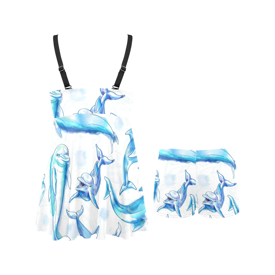 Watercolor dolphin pattern Chest Sexy Pleated Two Piece Swim Dress