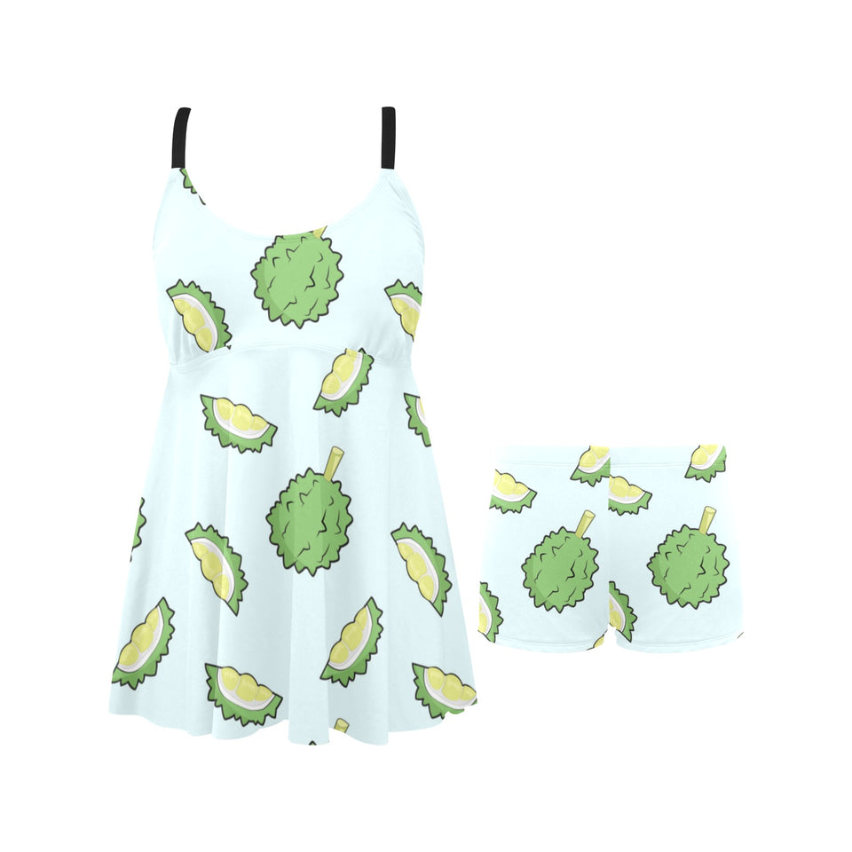 Durian pattern blue background Chest Sexy Pleated Two Piece Swim Dress