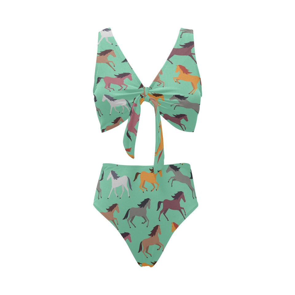 Colorful horses pattern Chest Bowknot High Waisted Bikini Swimsuit