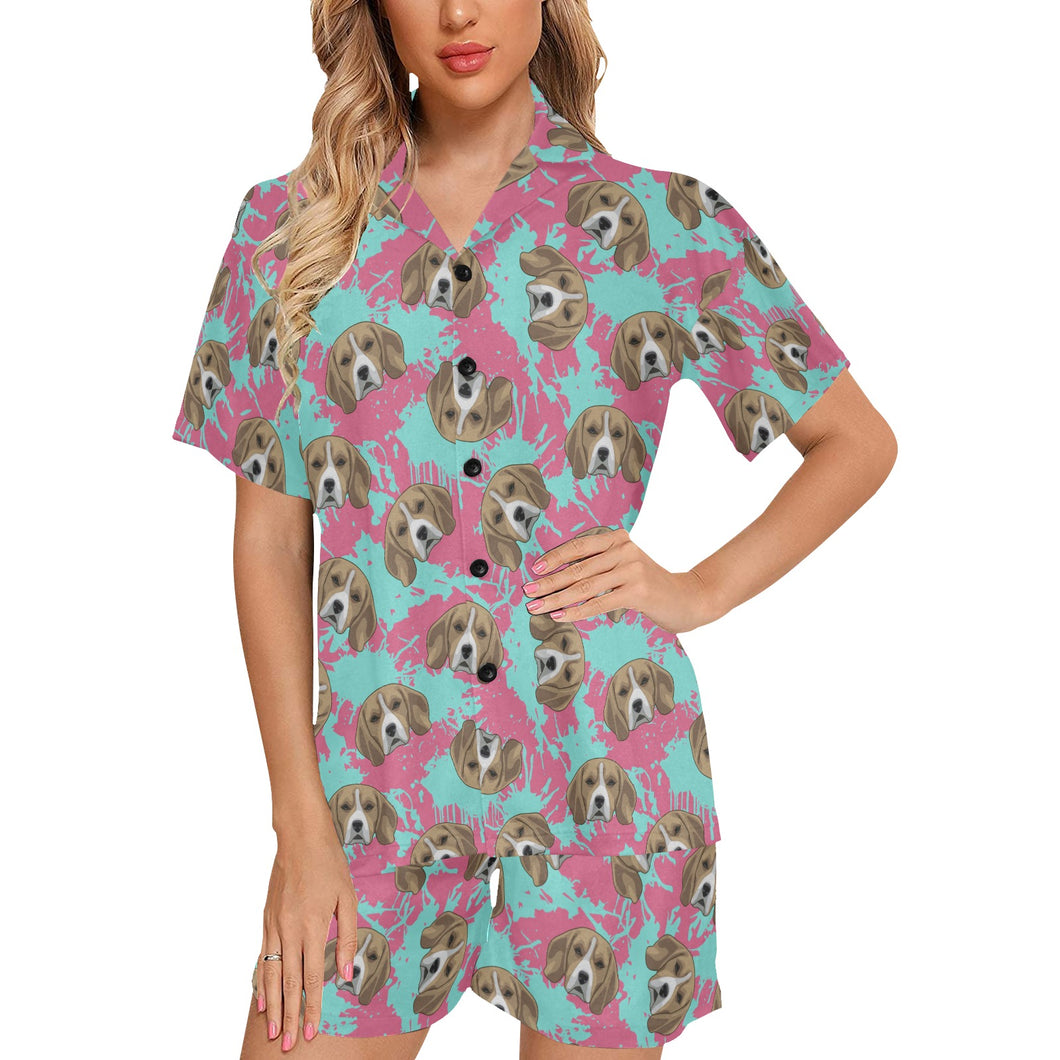 Beagle muzzles turquoise paint splashes pink patte Women's V-Neck Short Pajama Set