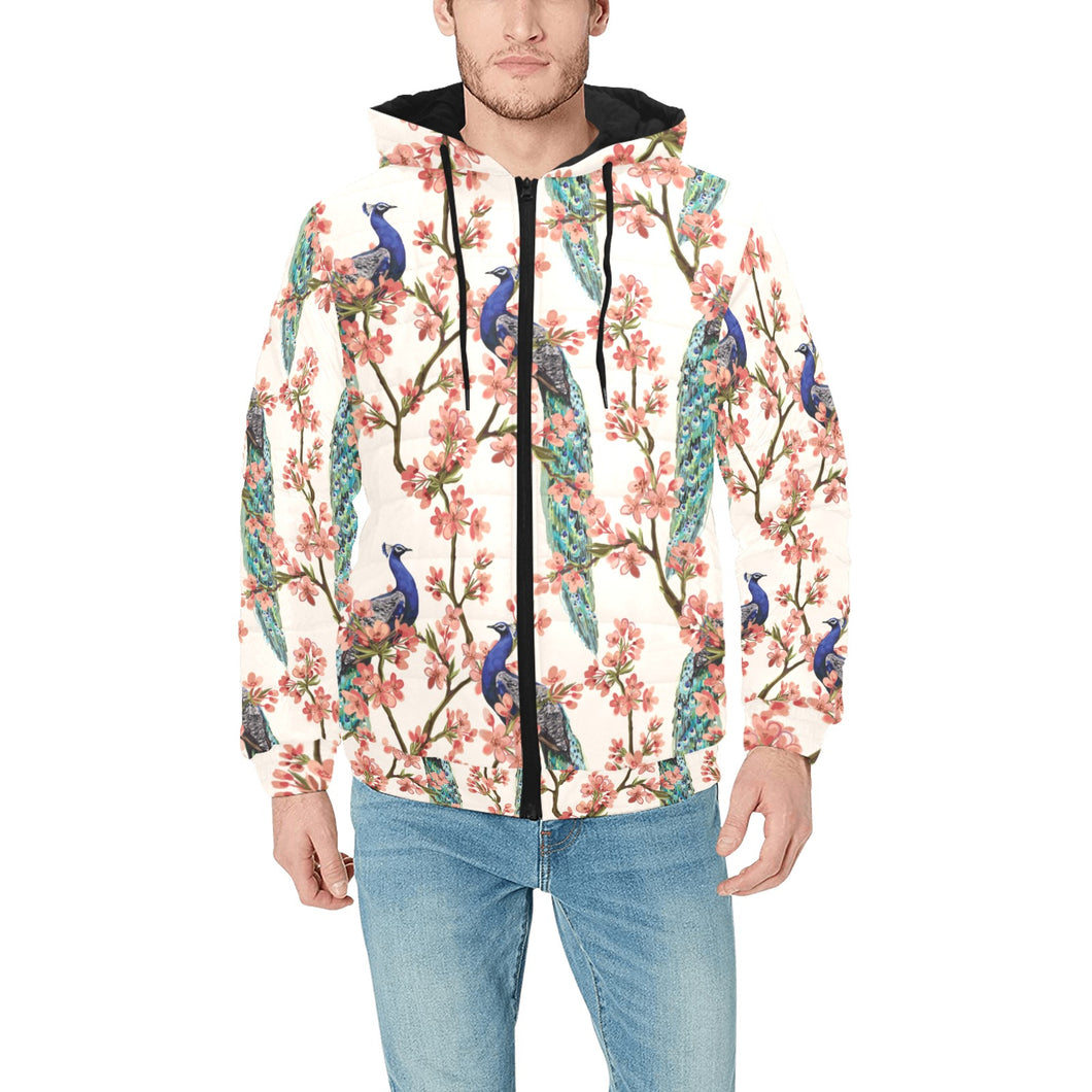 Peacock tropical flower pattern Men's Padded Hooded Jacket