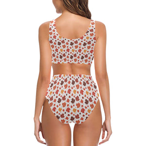 Colorful Maple Leaf pattern Chest Bowknot High Waisted Bikini Swimsuit