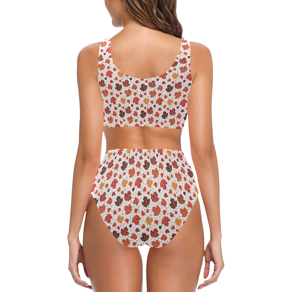 Colorful Maple Leaf pattern Chest Bowknot High Waisted Bikini Swimsuit