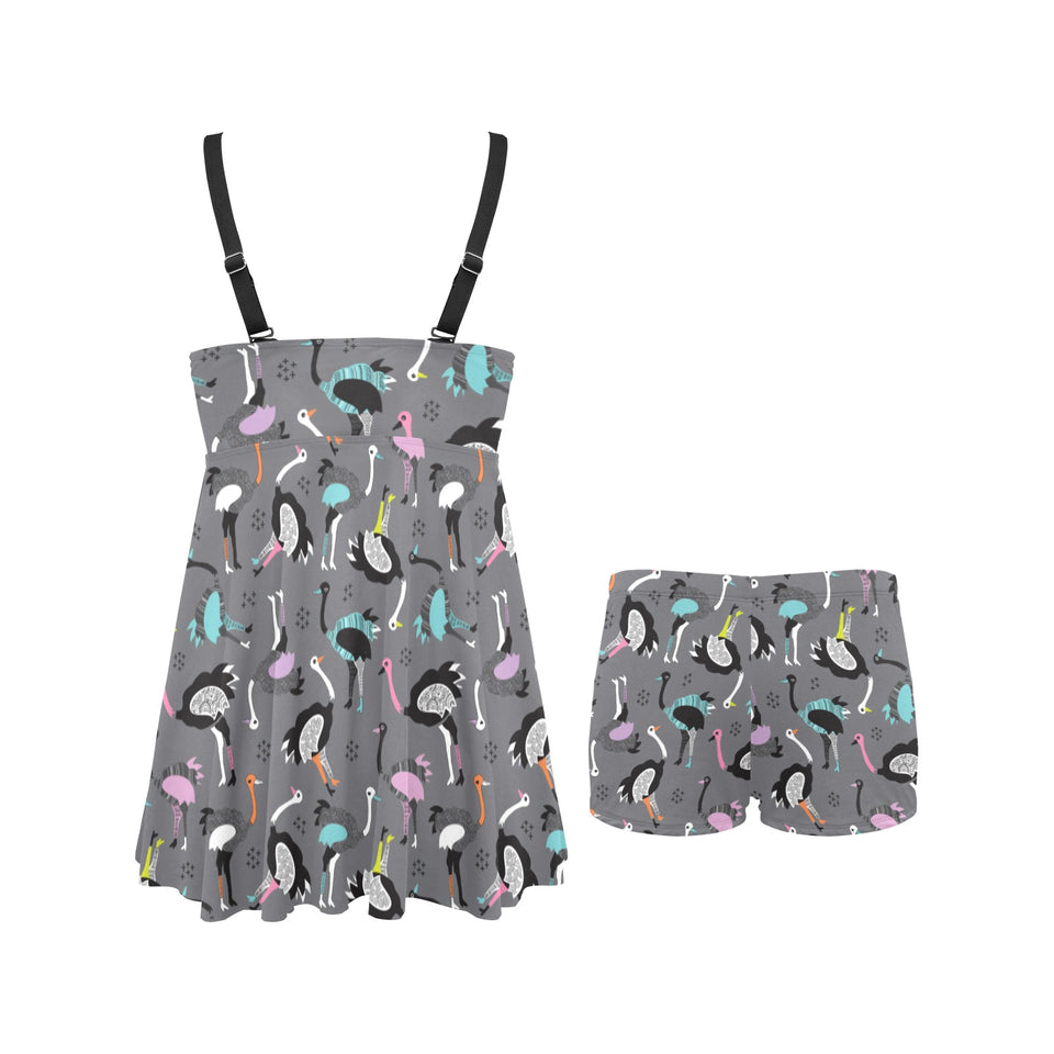 Ostrich Pattern Print Design 01 Chest Sexy Pleated Two Piece Swim Dress