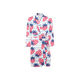 Strawberry pattern blue lines background Men's Long Sleeve Belted Night Robe