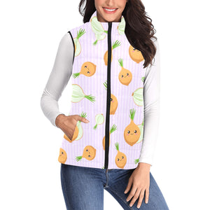 cute onions smiling faces purple background Women's Padded Vest