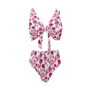 pink sketch tulip pattern Chest Bowknot High Waisted Bikini Swimsuit