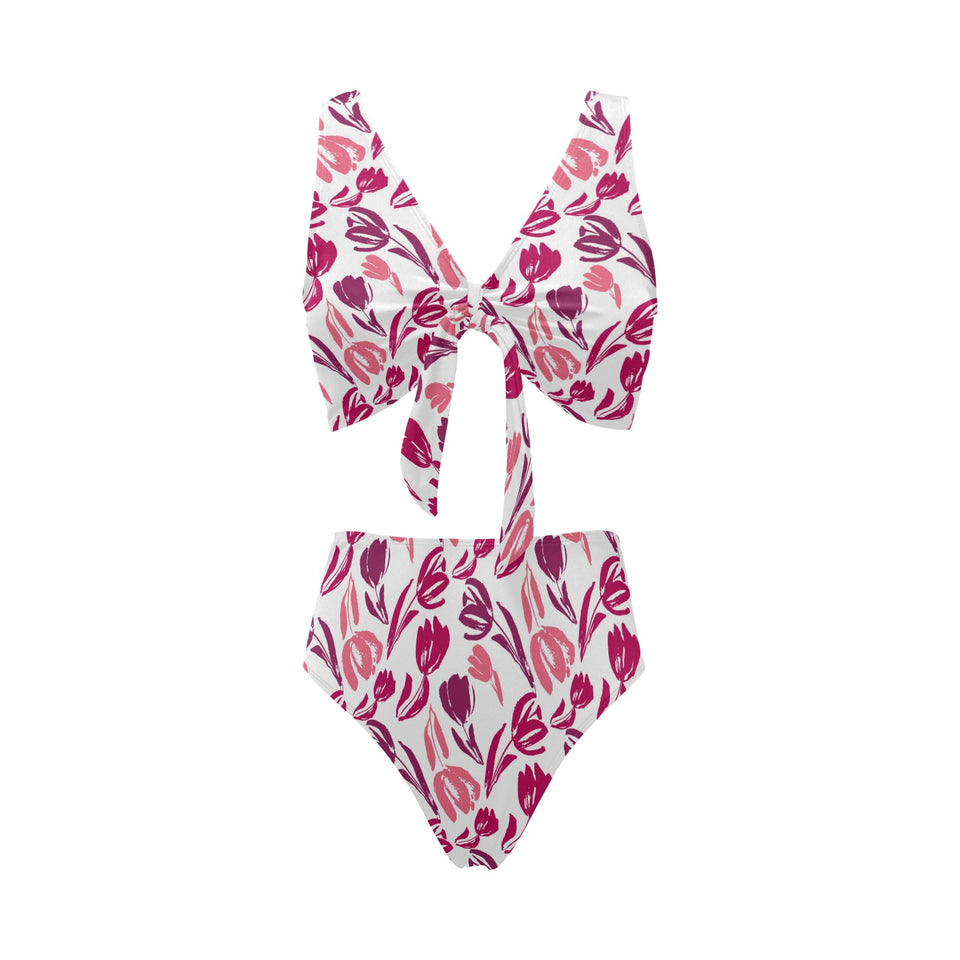 pink sketch tulip pattern Chest Bowknot High Waisted Bikini Swimsuit