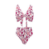 pink sketch tulip pattern Chest Bowknot High Waisted Bikini Swimsuit