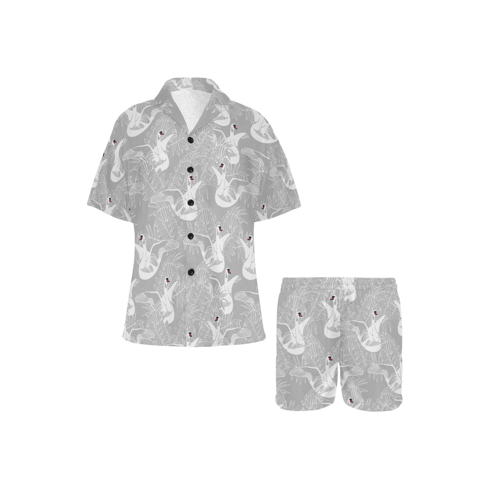 white swan gray background Women's V-Neck Short Pajama Set